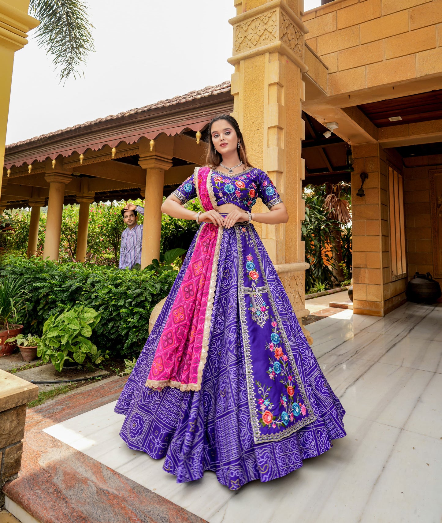 Purple Bandhani Print Lehenga With Fancy Work Blouse