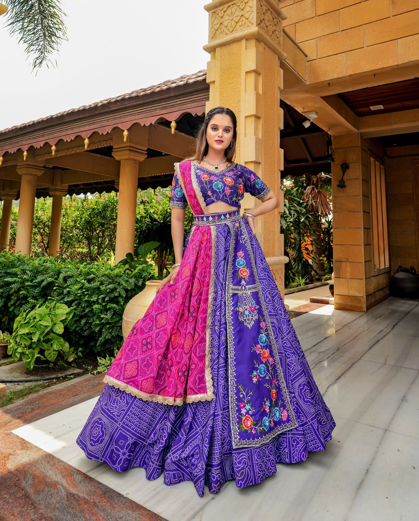 Presenting Combo Couple Bandhani Print Purple Lehenga With Kurta Set