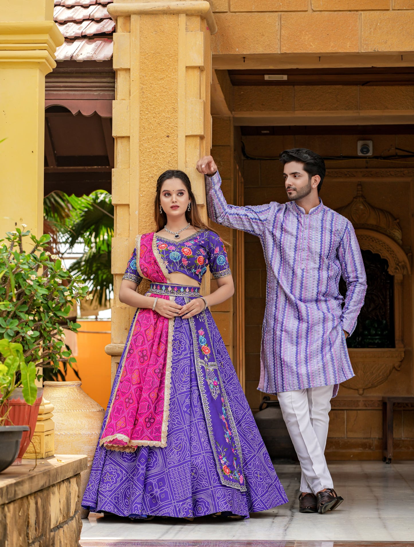 Presenting Combo Couple Bandhani Print Purple Lehenga With Kurta Set