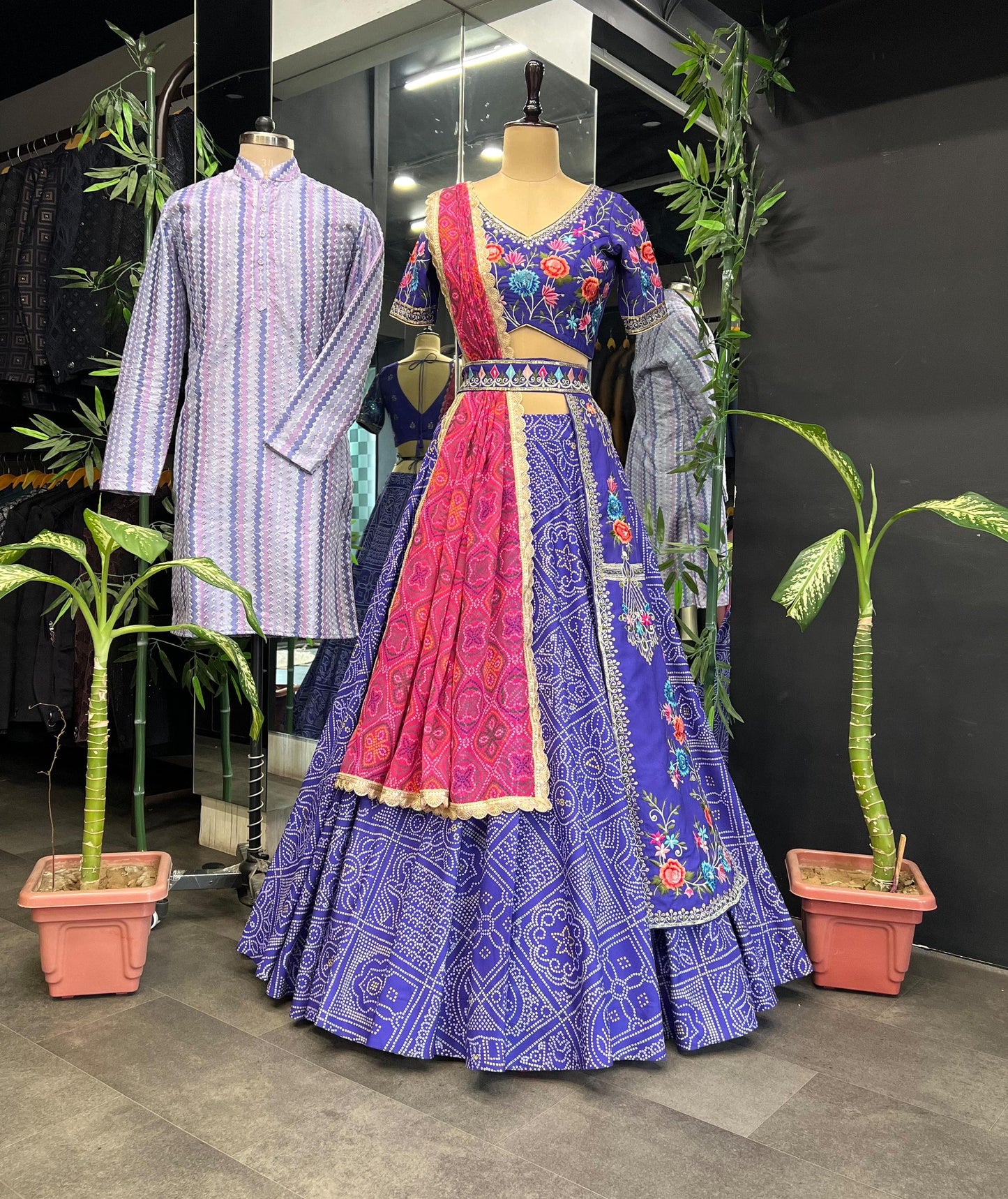 Presenting Combo Couple Bandhani Print Purple Lehenga With Kurta Set