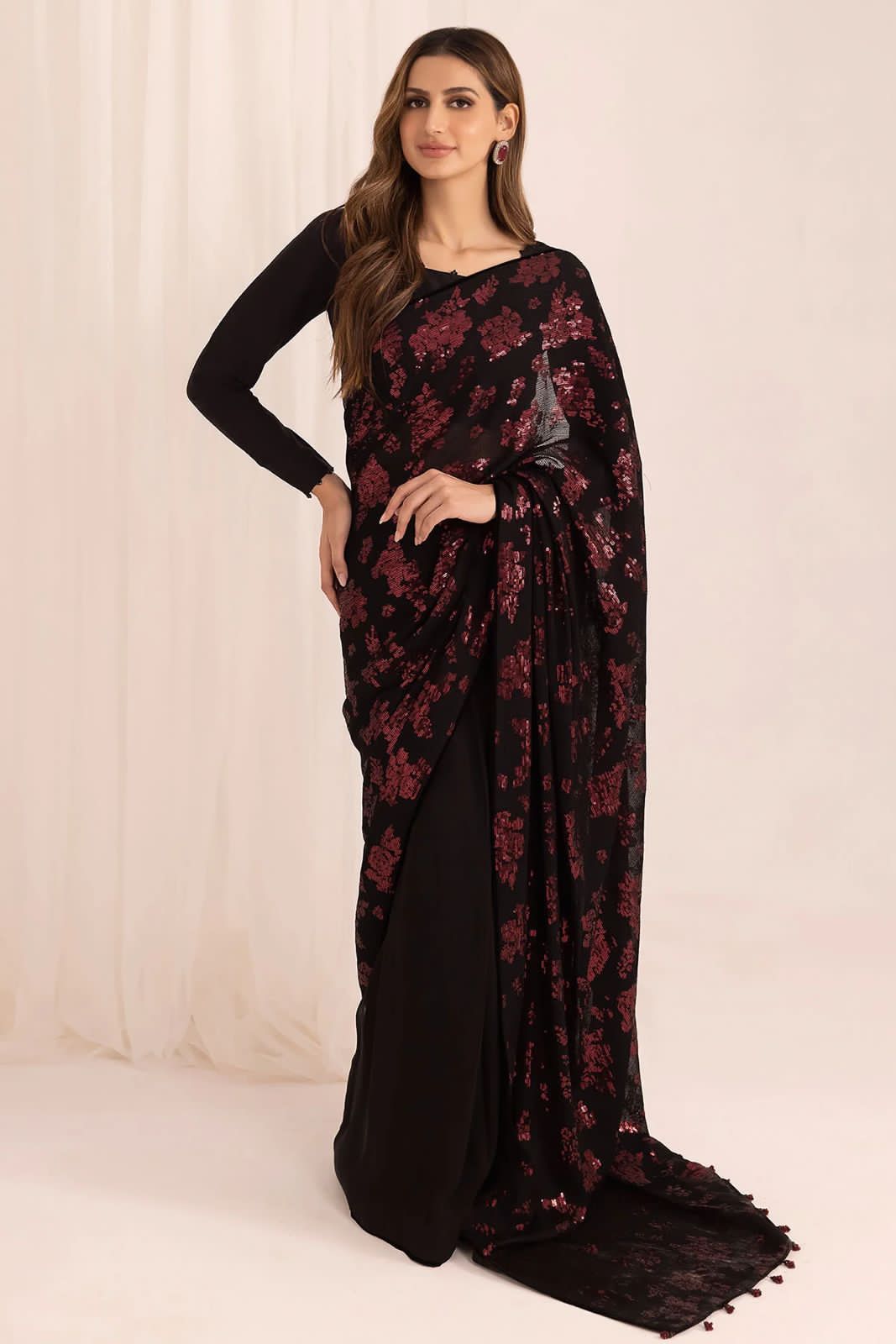 Heavy Sequence Work Black Color Party Wear Saree