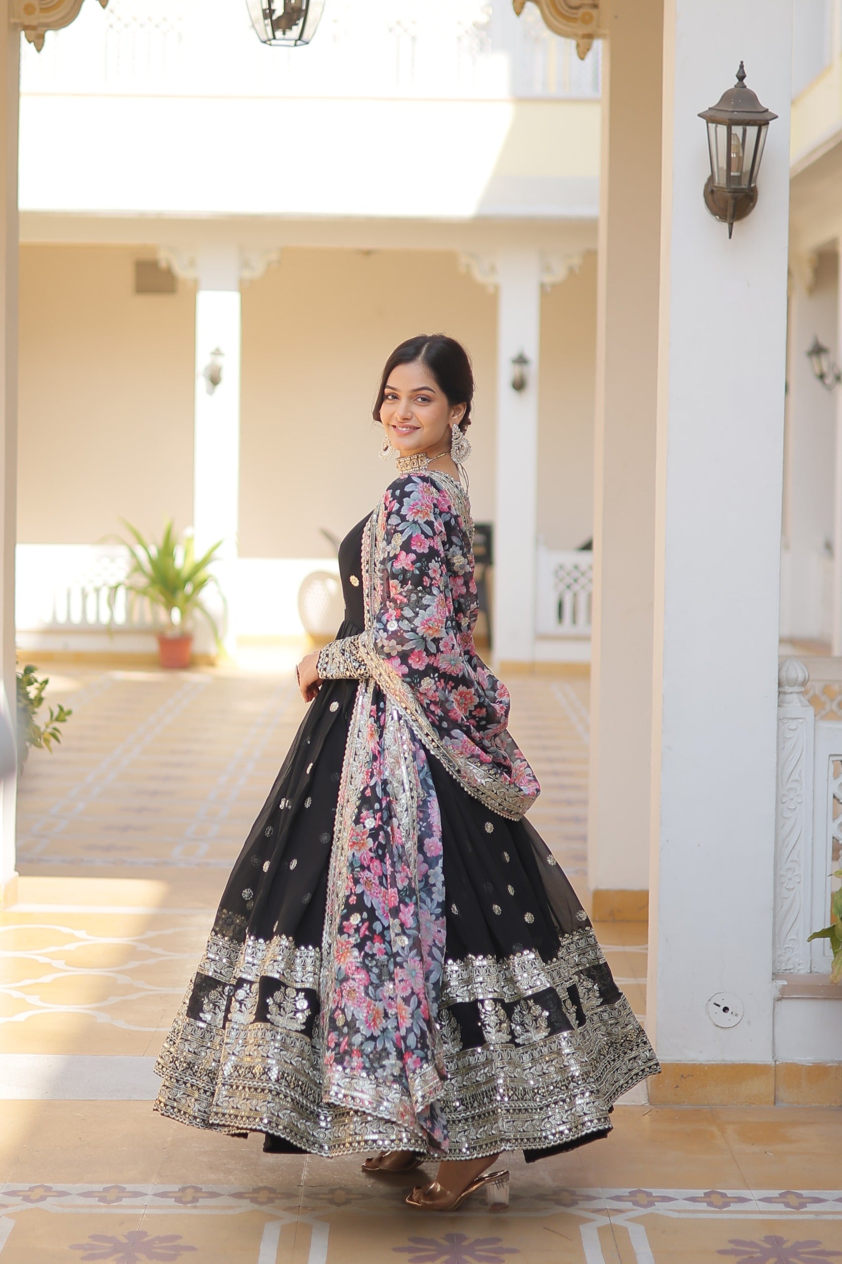 Black Color Embroidery Work Gown With Multi Print Dupatta