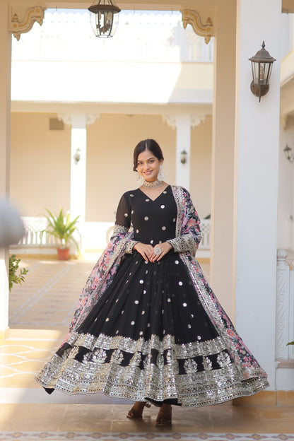 Black Color Embroidery Work Gown With Multi Print Dupatta