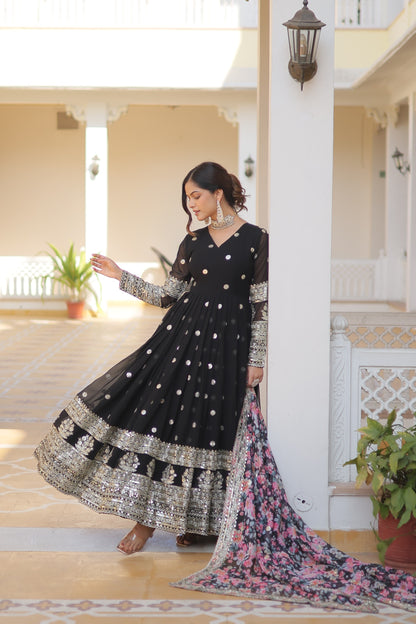 Black Color Embroidery Work Gown With Multi Print Dupatta