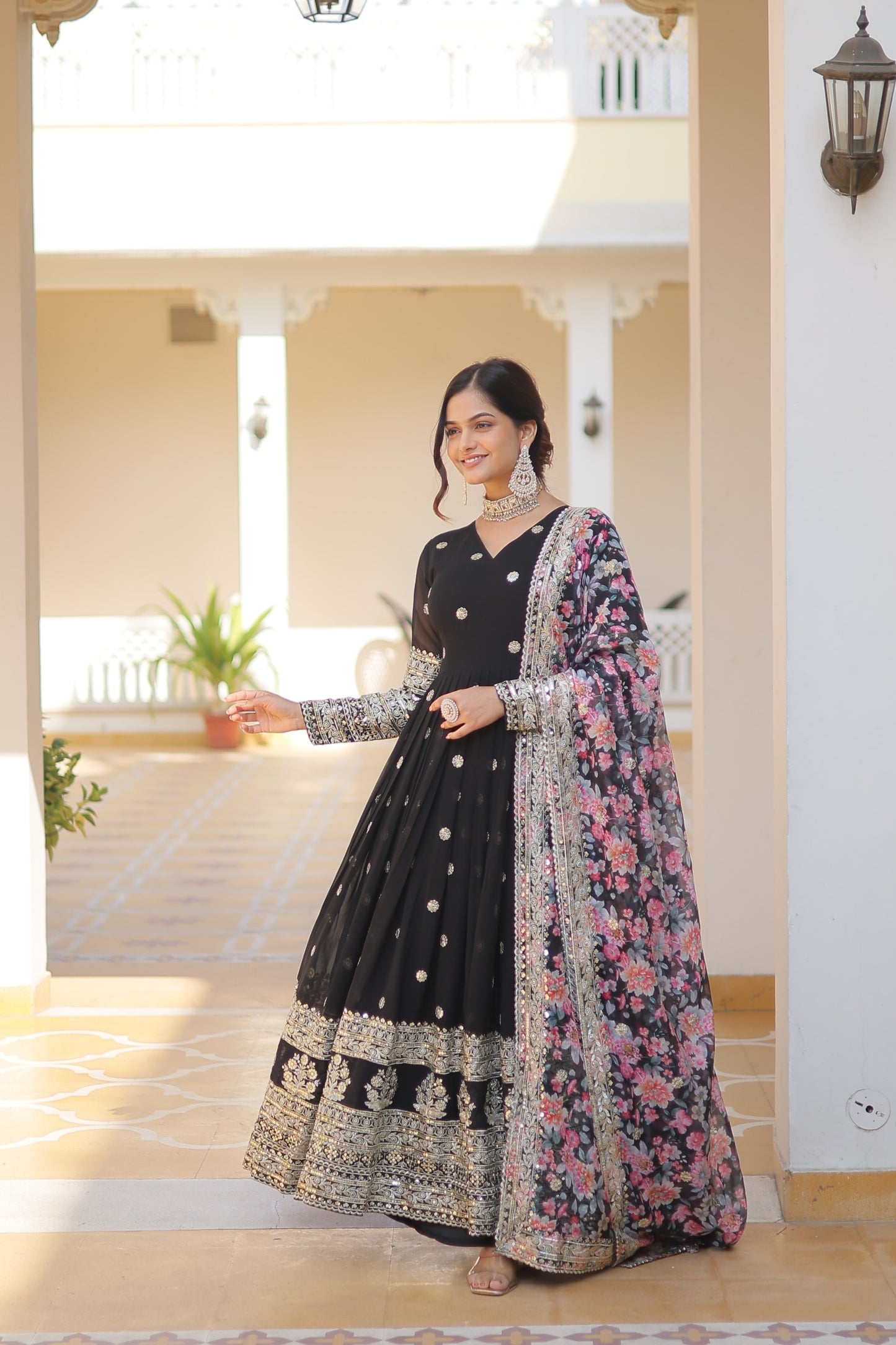 Black Color Embroidery Work Gown With Multi Print Dupatta