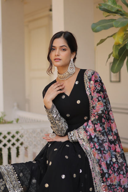 Black Color Embroidery Work Gown With Multi Print Dupatta