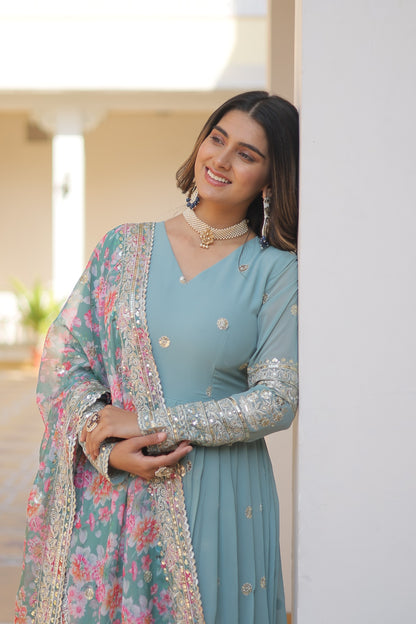 Sky Blue Color Embroidery Work Gown With Multi Print Dupatta