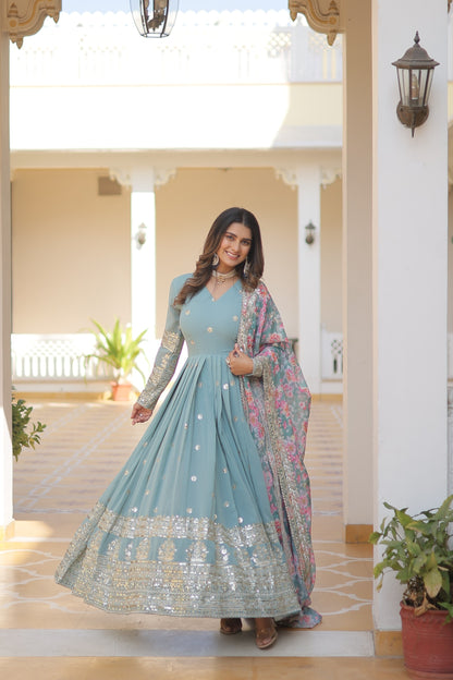 Sky Blue Color Embroidery Work Gown With Multi Print Dupatta