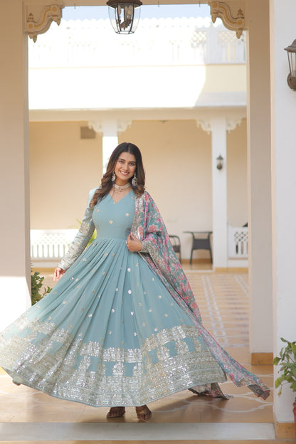 Sky Blue Color Embroidery Work Gown With Multi Print Dupatta