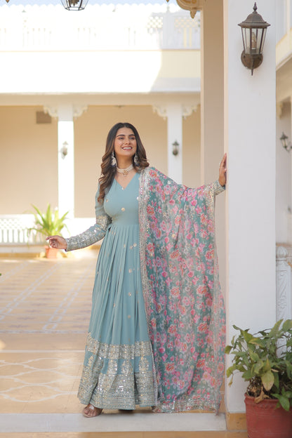 Sky Blue Color Embroidery Work Gown With Multi Print Dupatta