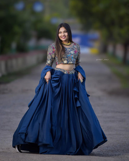 Blue Wedding Wear Plain Lehenga With Heavy Work Blouse