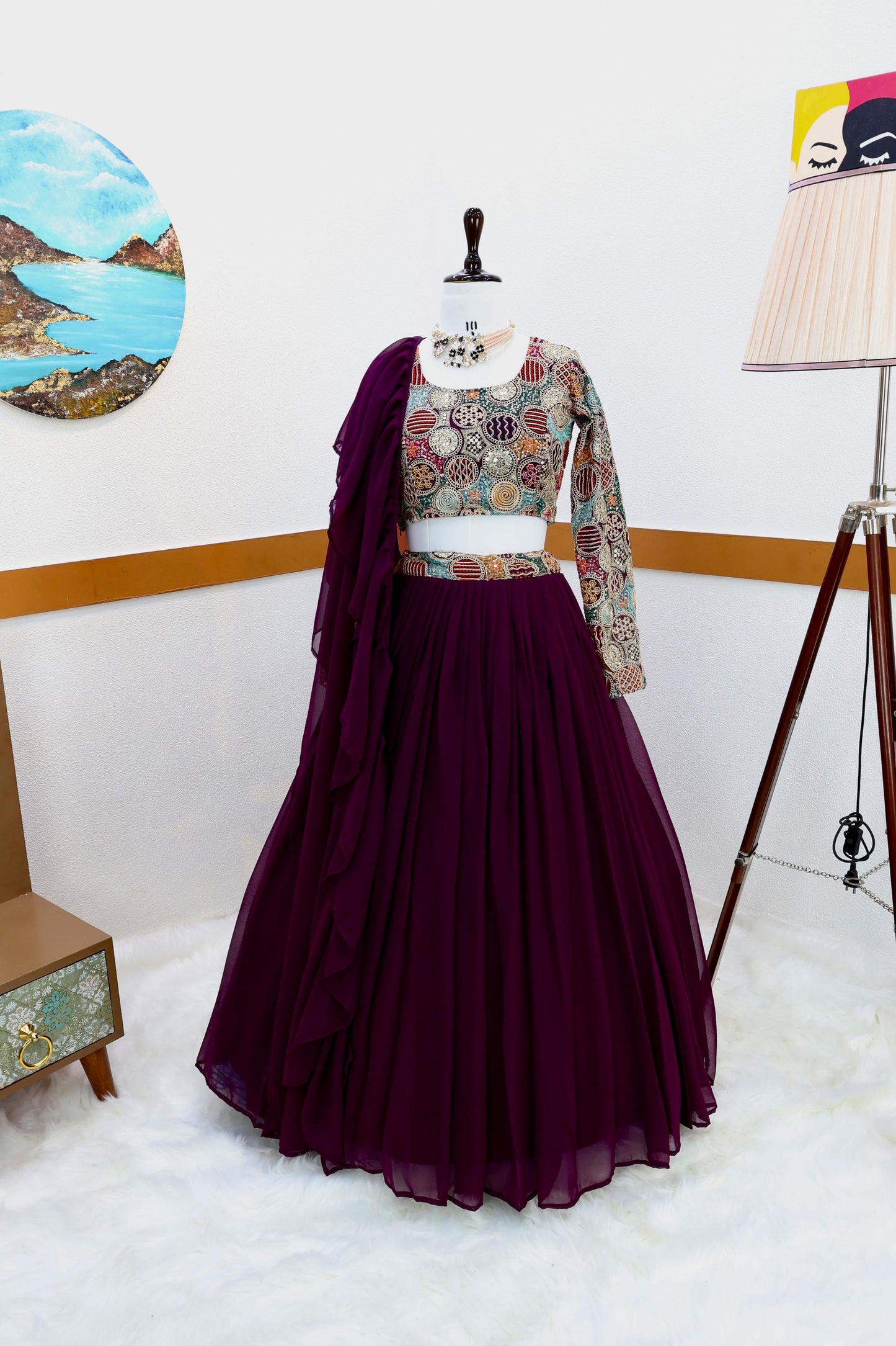 Wine Wedding Wear Plain Lehenga With Heavy Work Blouse