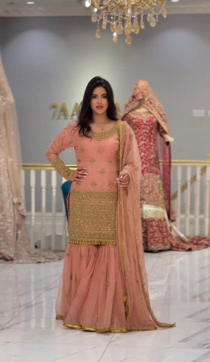 Luxuriant Peach Color Embroidery Work Sharara Suit