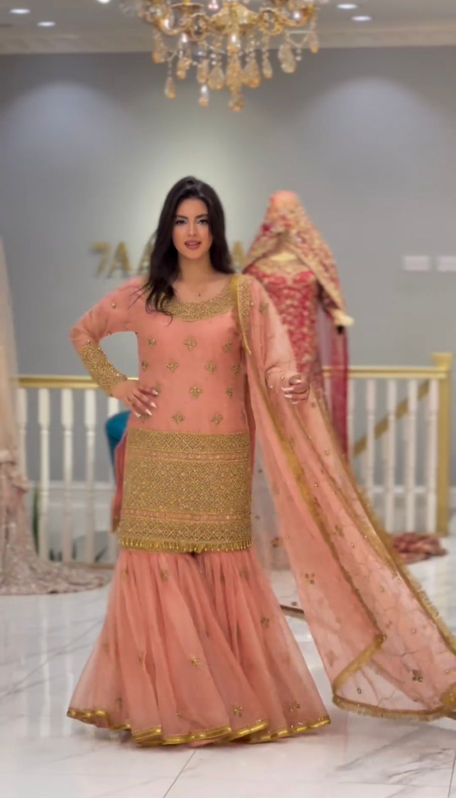 Luxuriant Peach Color Embroidery Work Sharara Suit