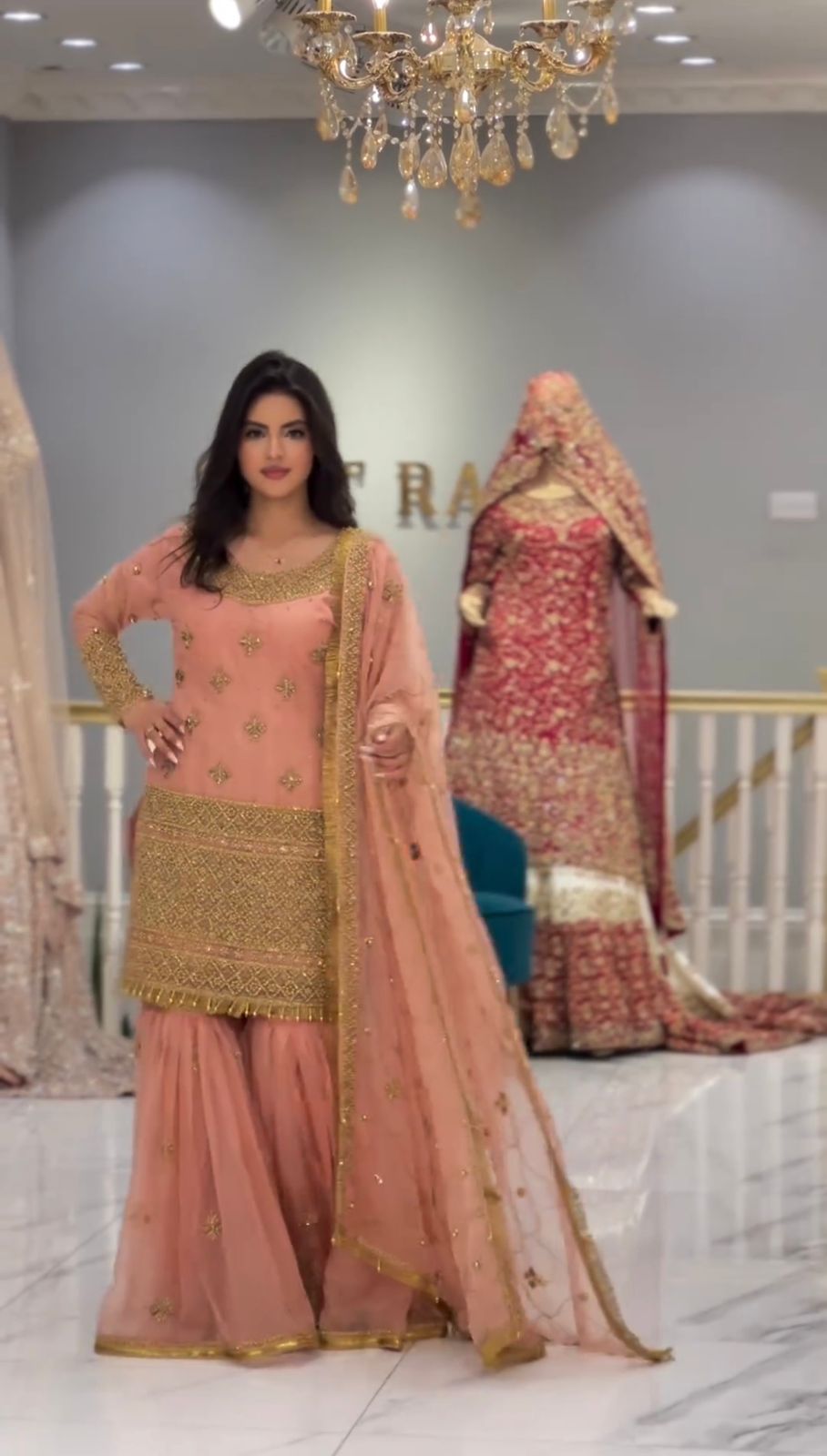 Luxuriant Peach Color Embroidery Work Sharara Suit