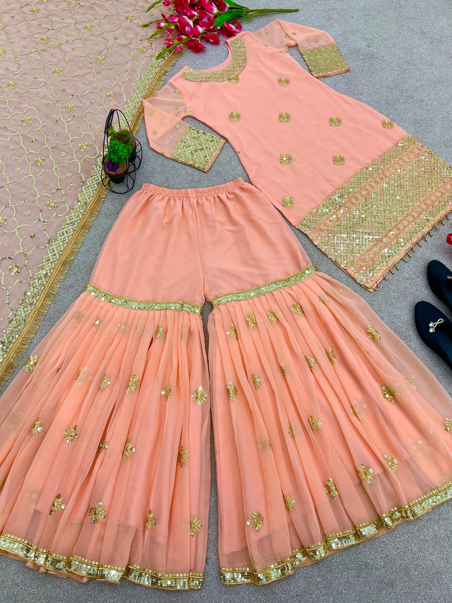 Luxuriant Peach Color Embroidery Work Sharara Suit