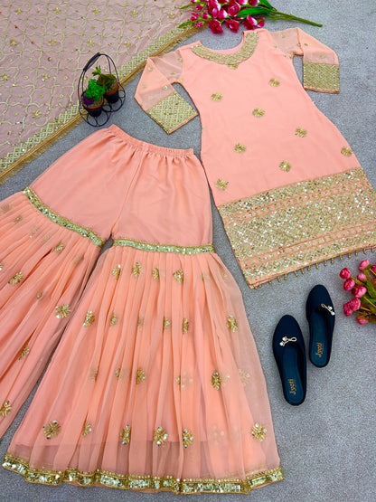 Luxuriant Peach Color Embroidery Work Sharara Suit