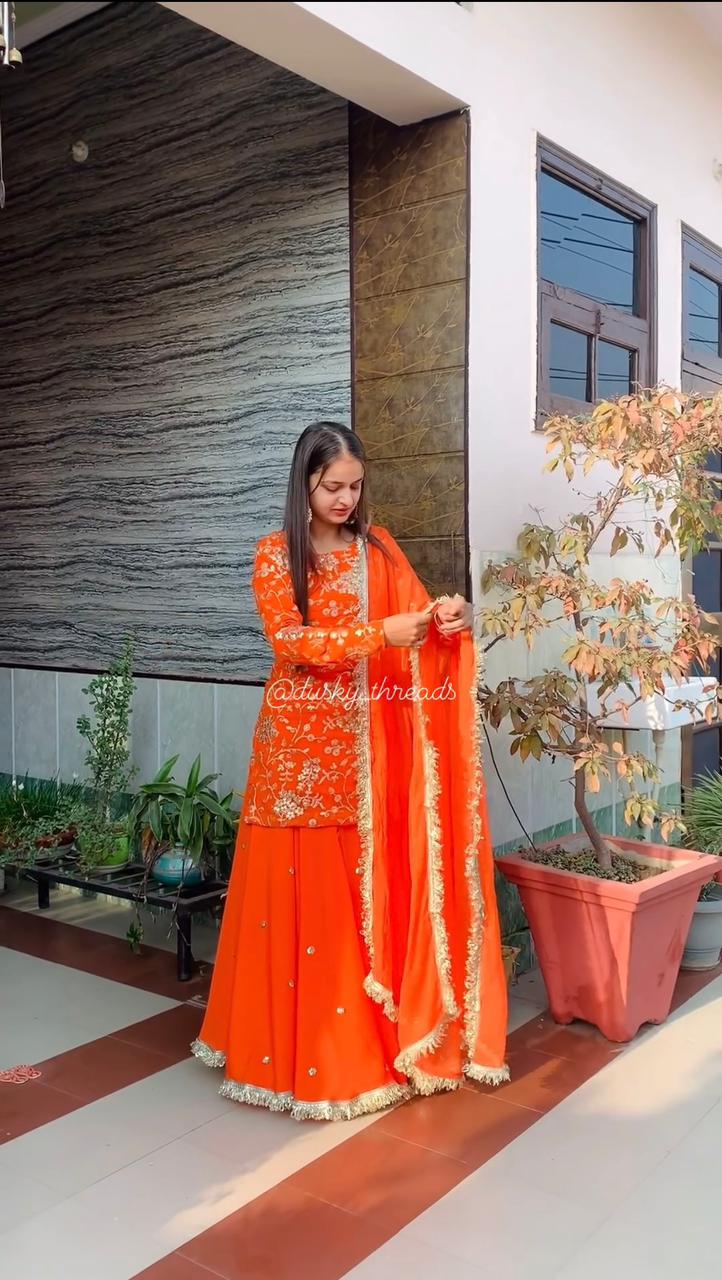 Orange Color Thread Work Top With Plain Lehenga