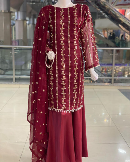 Amazing Maroon Sequence And Moti Work Occasion Wear Sharara Suit