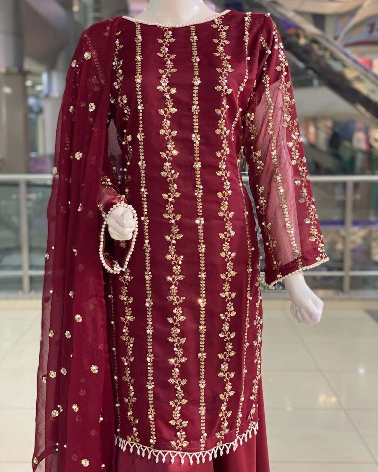 Amazing Maroon Sequence And Moti Work Occasion Wear Sharara Suit