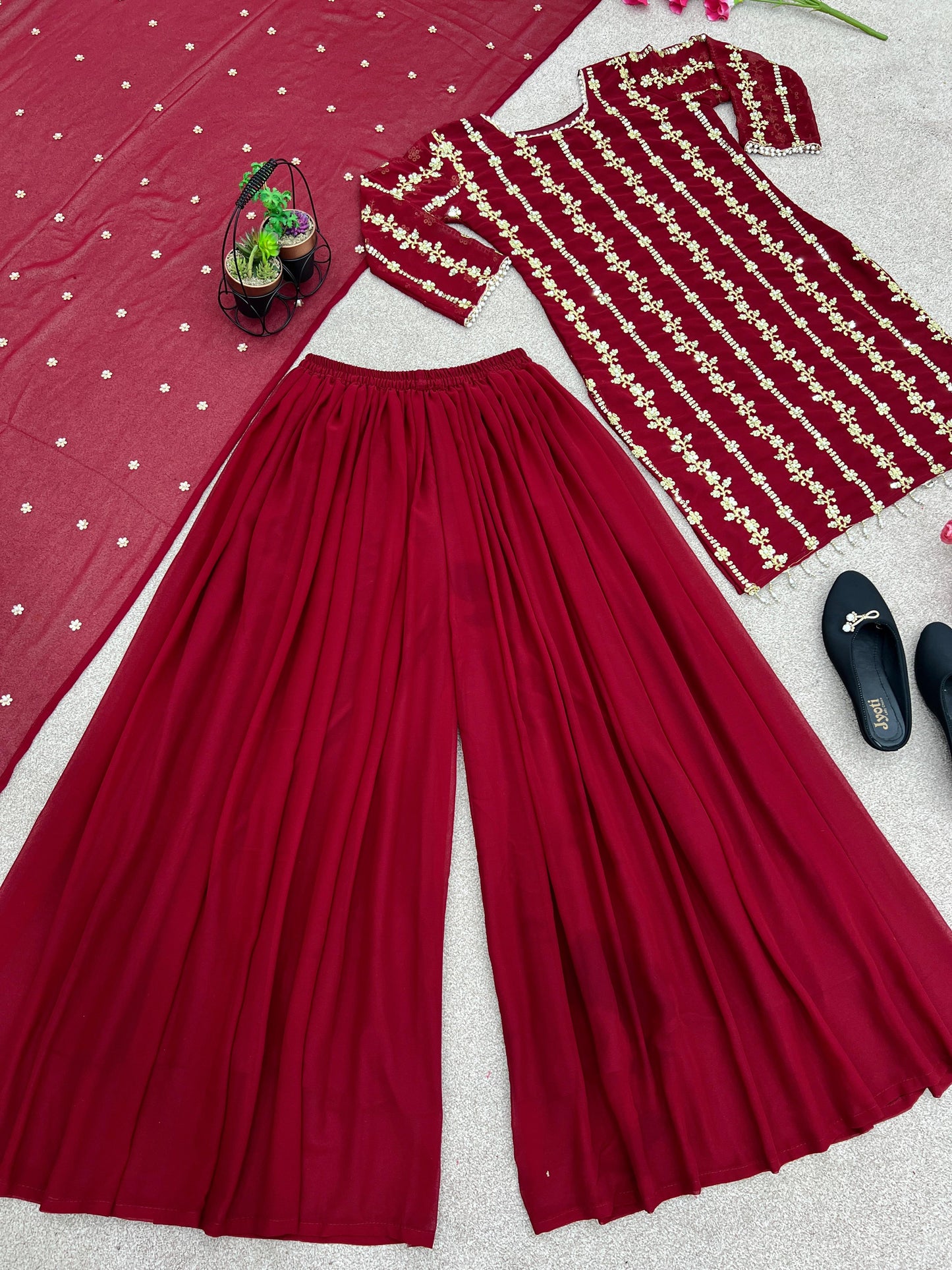 Amazing Maroon Sequence And Moti Work Occasion Wear Sharara Suit