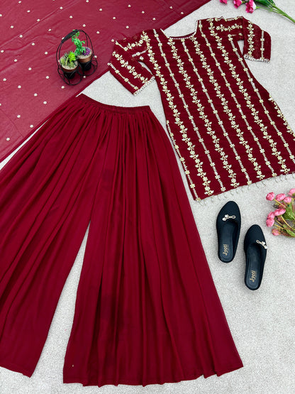 Amazing Maroon Sequence And Moti Work Occasion Wear Sharara Suit