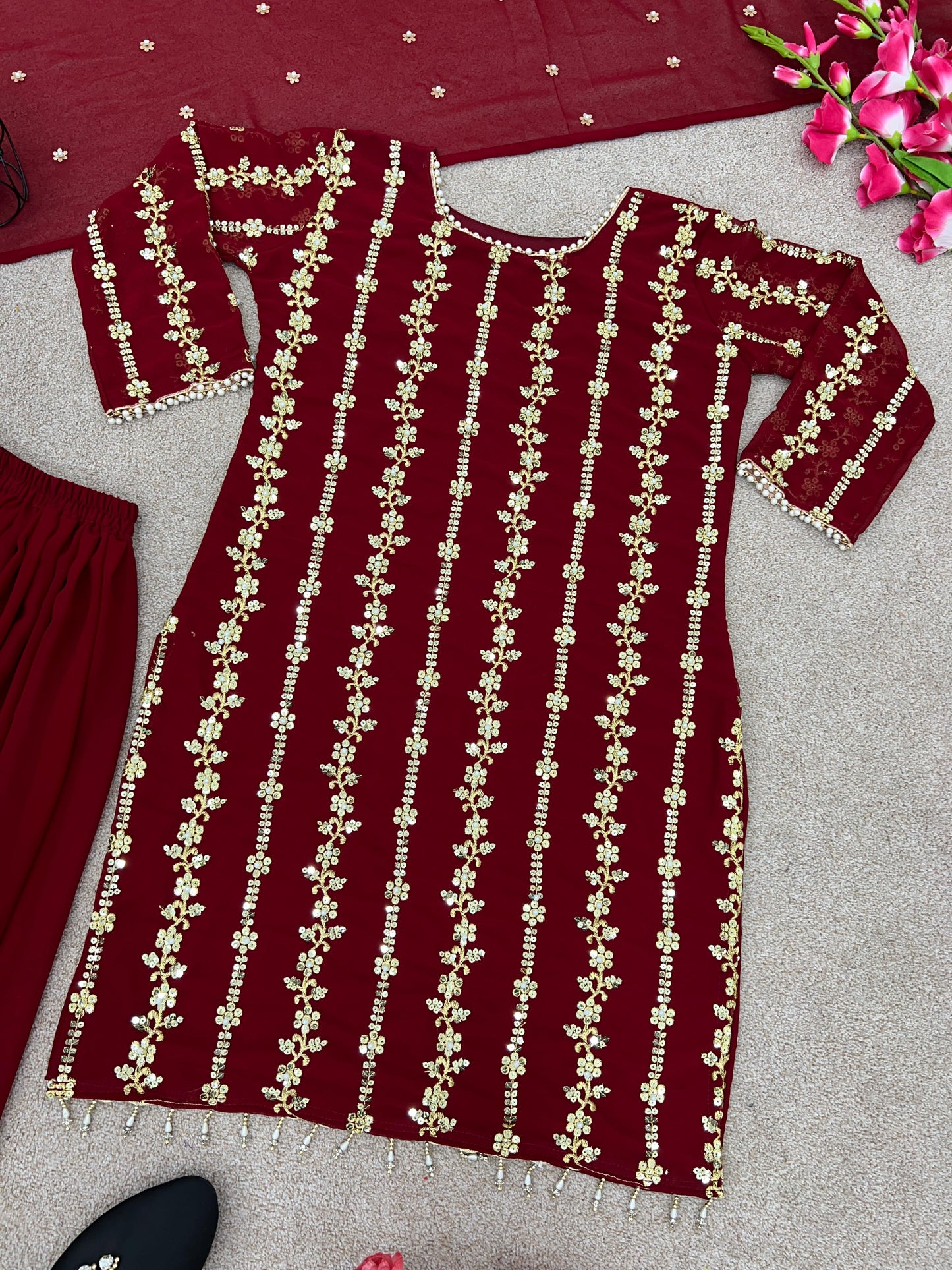 Amazing Maroon Sequence And Moti Work Occasion Wear Sharara Suit