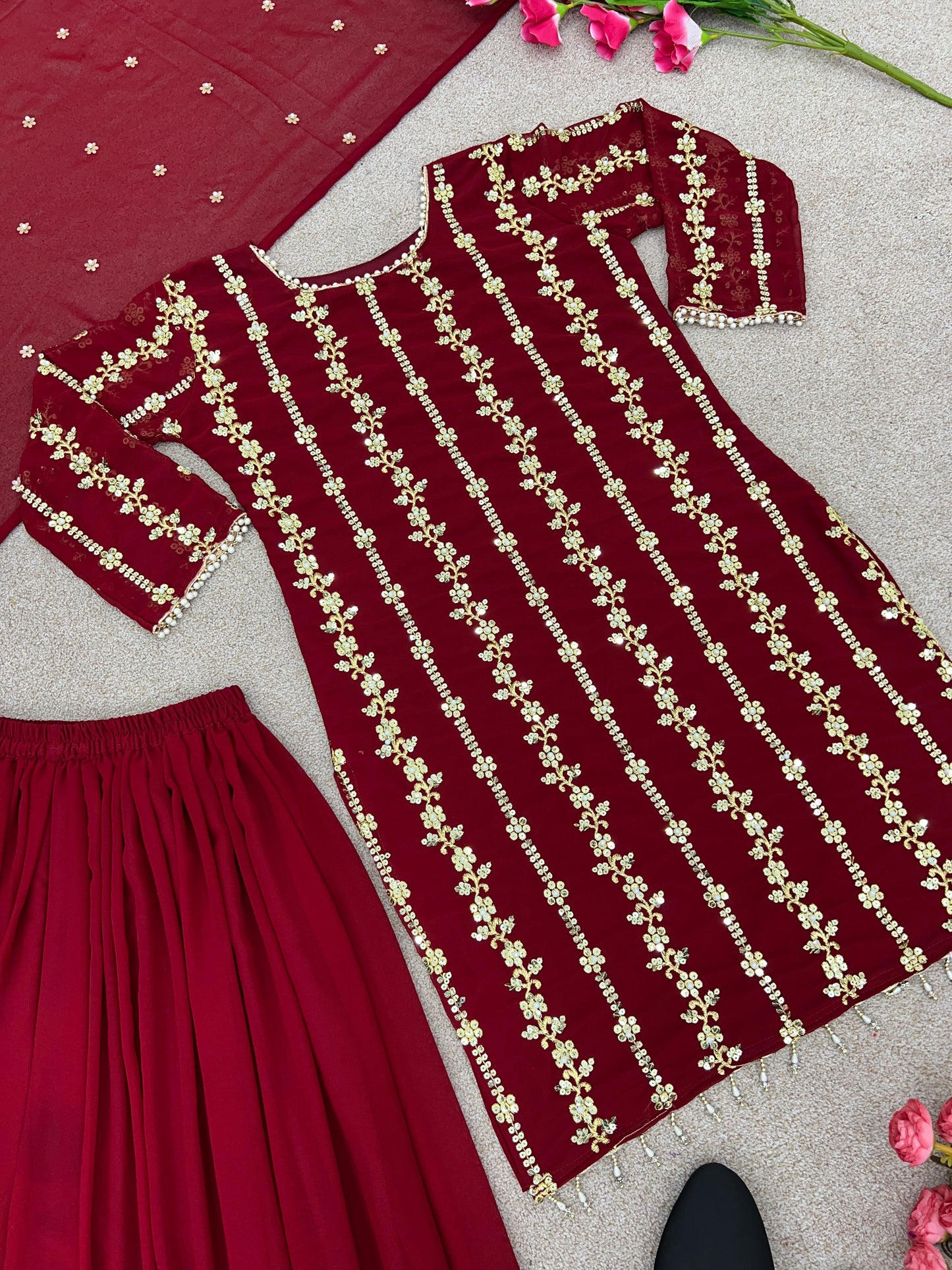 Amazing Maroon Sequence And Moti Work Occasion Wear Sharara Suit