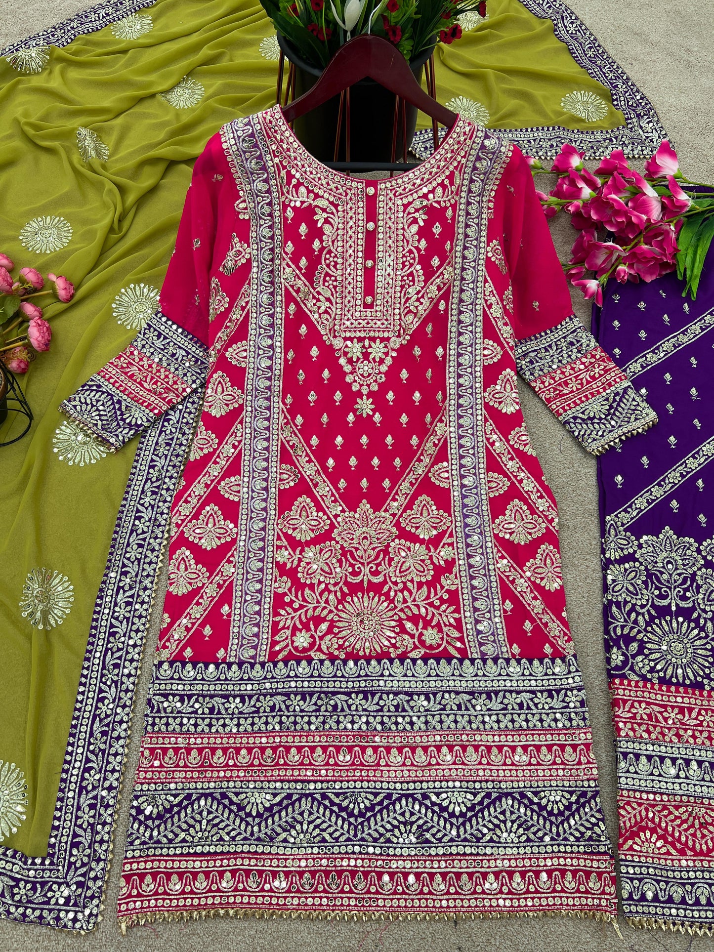 Heavy Exotic Embroidery Work Pink Palazzo Suit