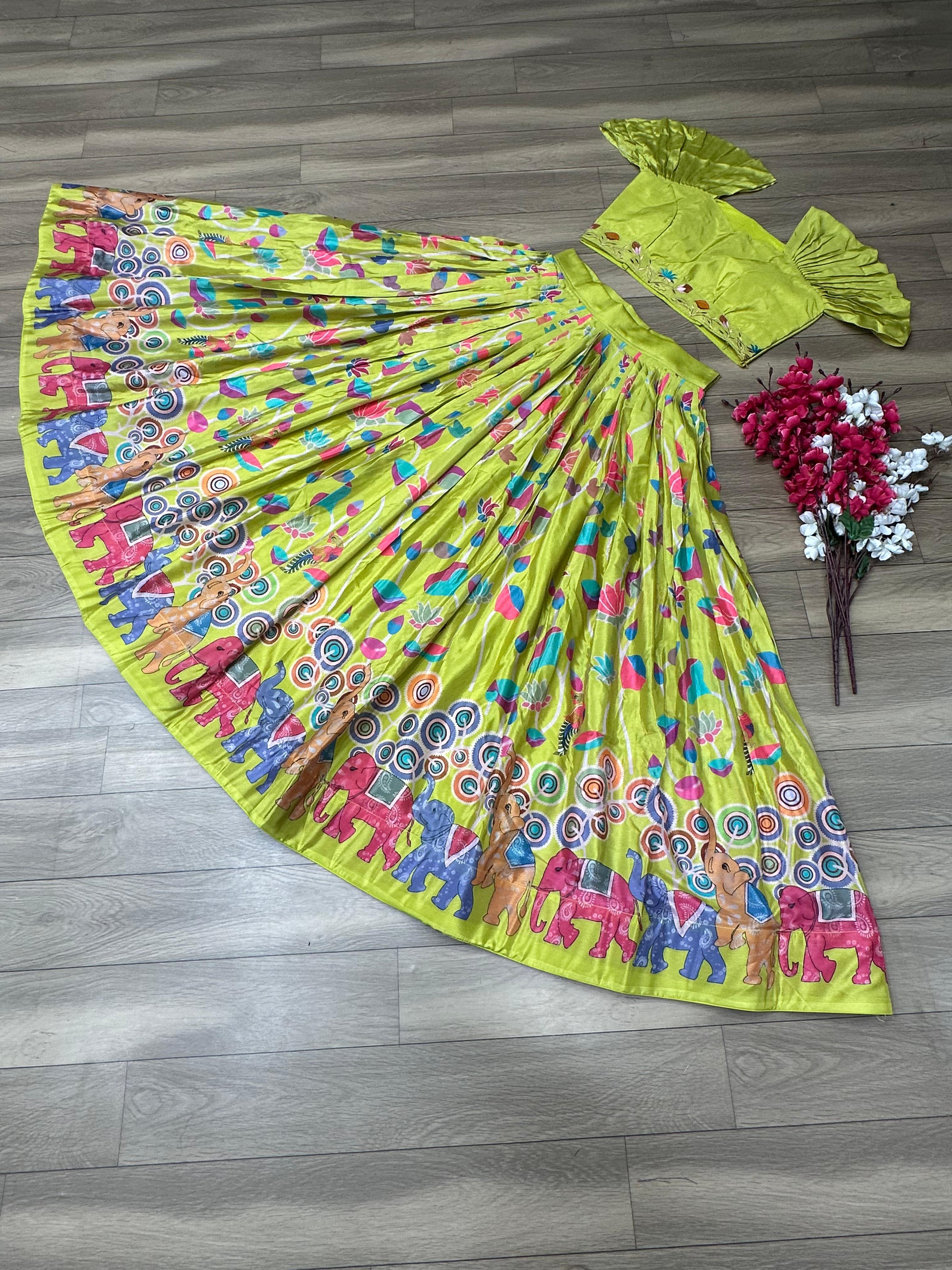 Festival Wear Parrot Green Color Printed Crop Top Lehenga