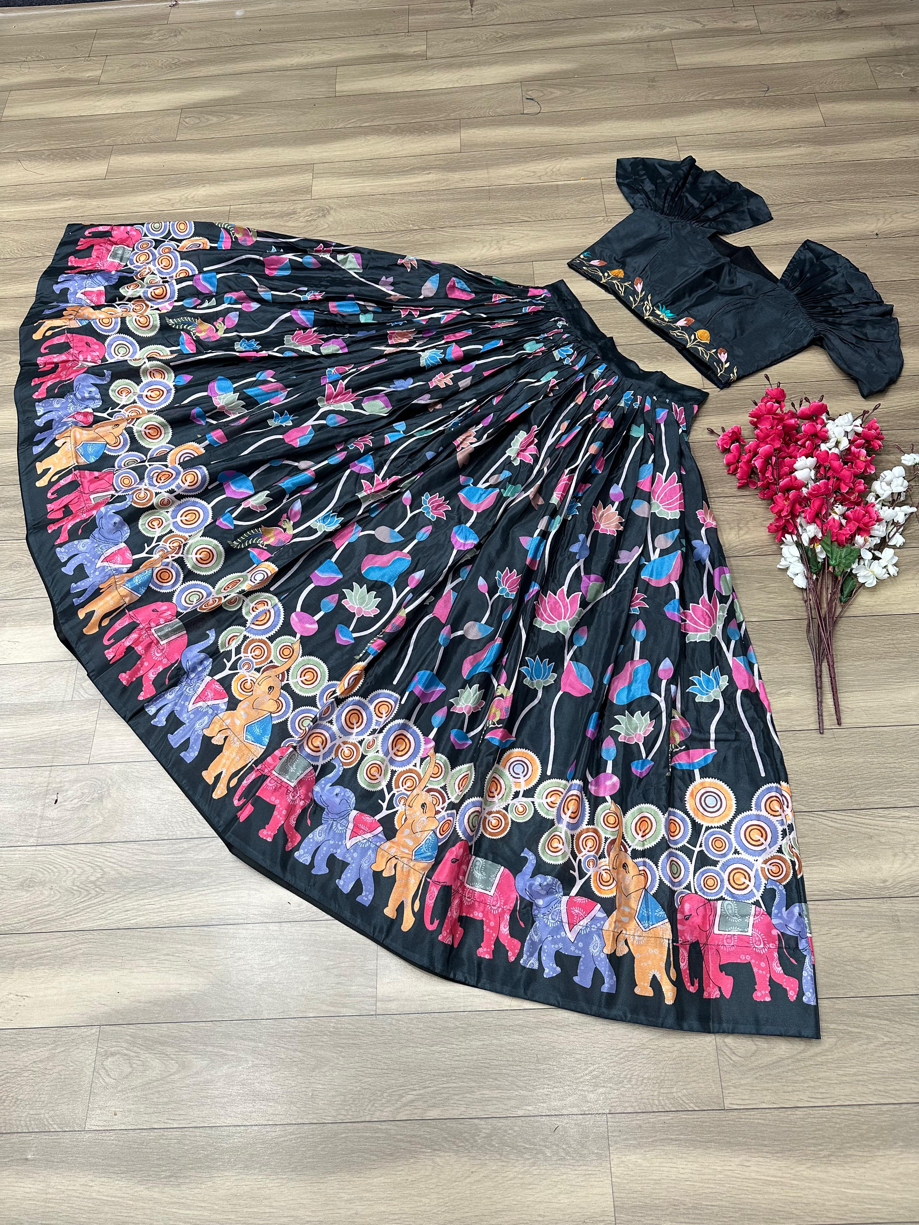 Festival Wear Black Color Printed Crop Top Lehenga