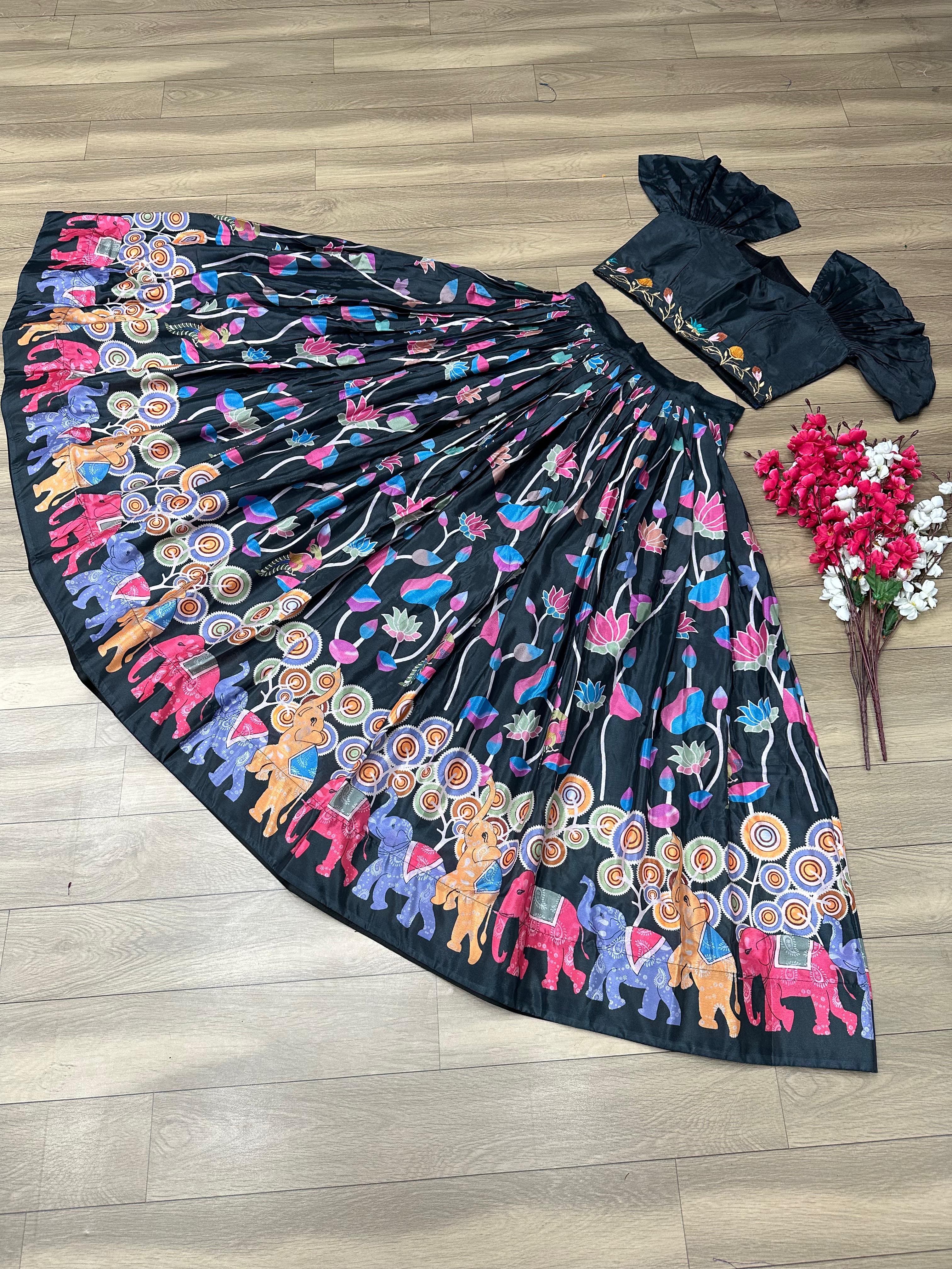 Festival Wear Black Color Printed Crop Top Lehenga