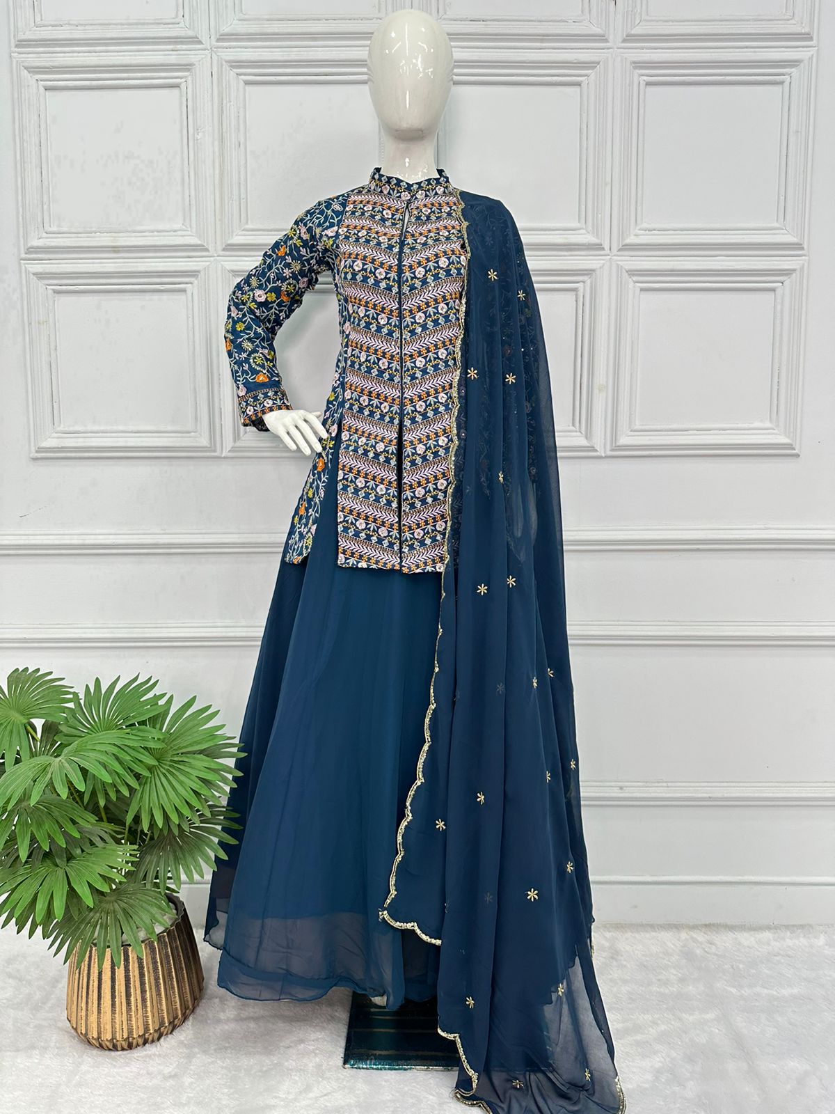 Festive Wear Blue Plain Lehenga With Full Work Koti