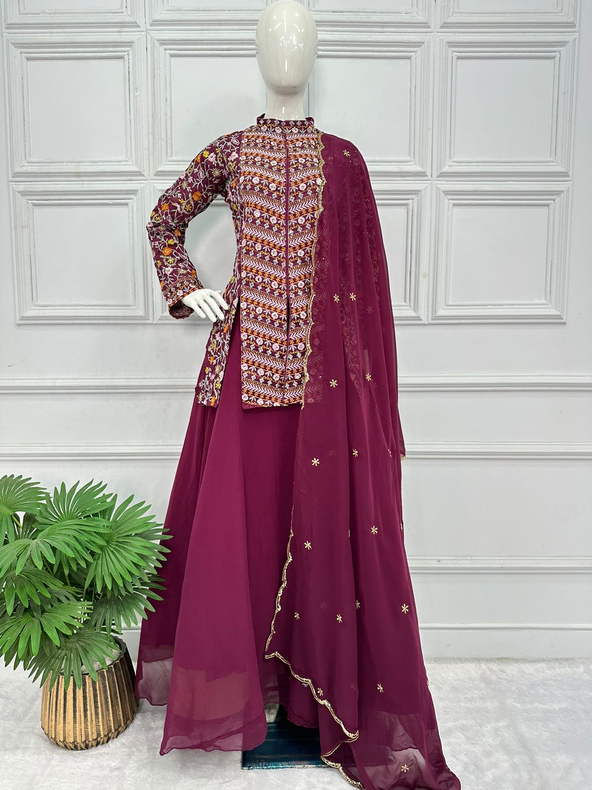 Festive Wear Wine Plain Lehenga With Full Work Koti