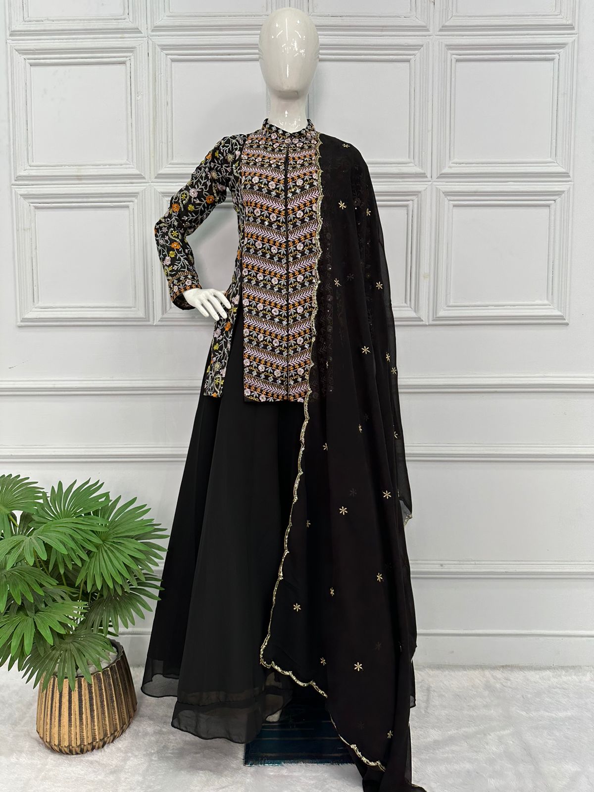 Festive Wear Black Plain Lehenga With Full Work Koti