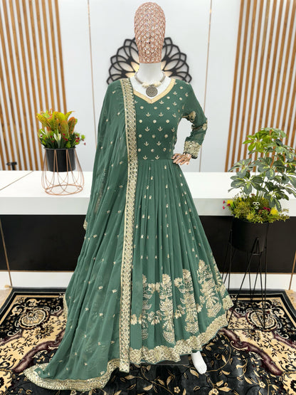 Superhit Pista Green Color Embroidery Work Gown