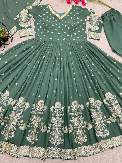 Superhit Pista Green Color Embroidery Work Gown