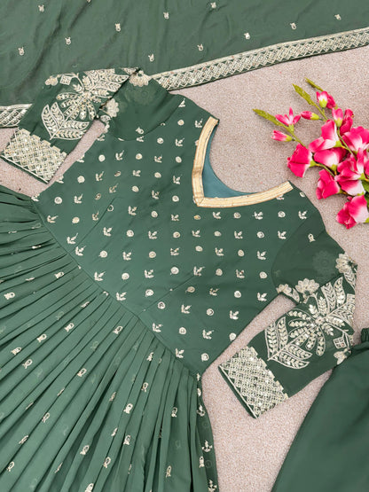 Superhit Pista Green Color Embroidery Work Gown