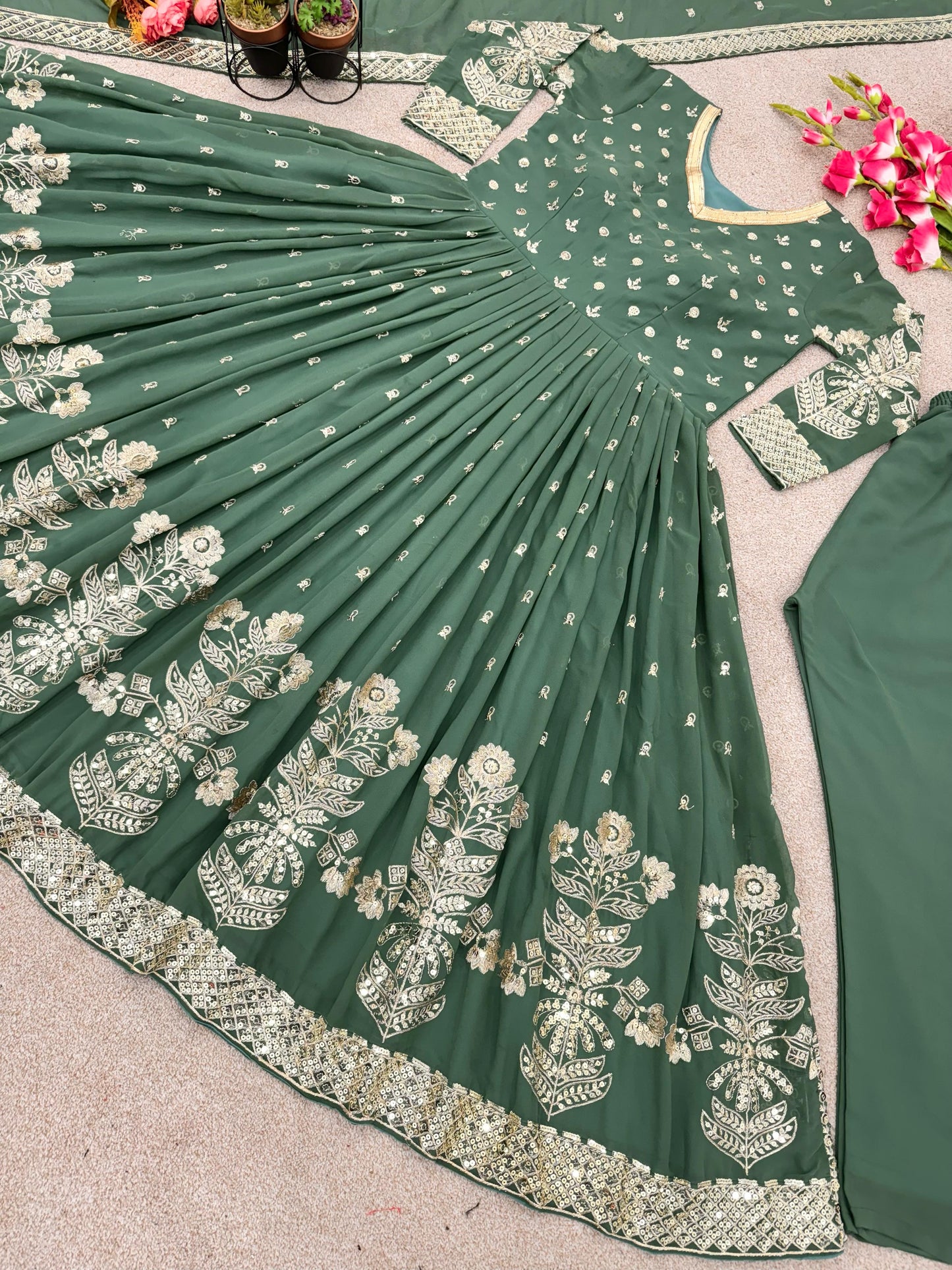 Superhit Pista Green Color Embroidery Work Gown