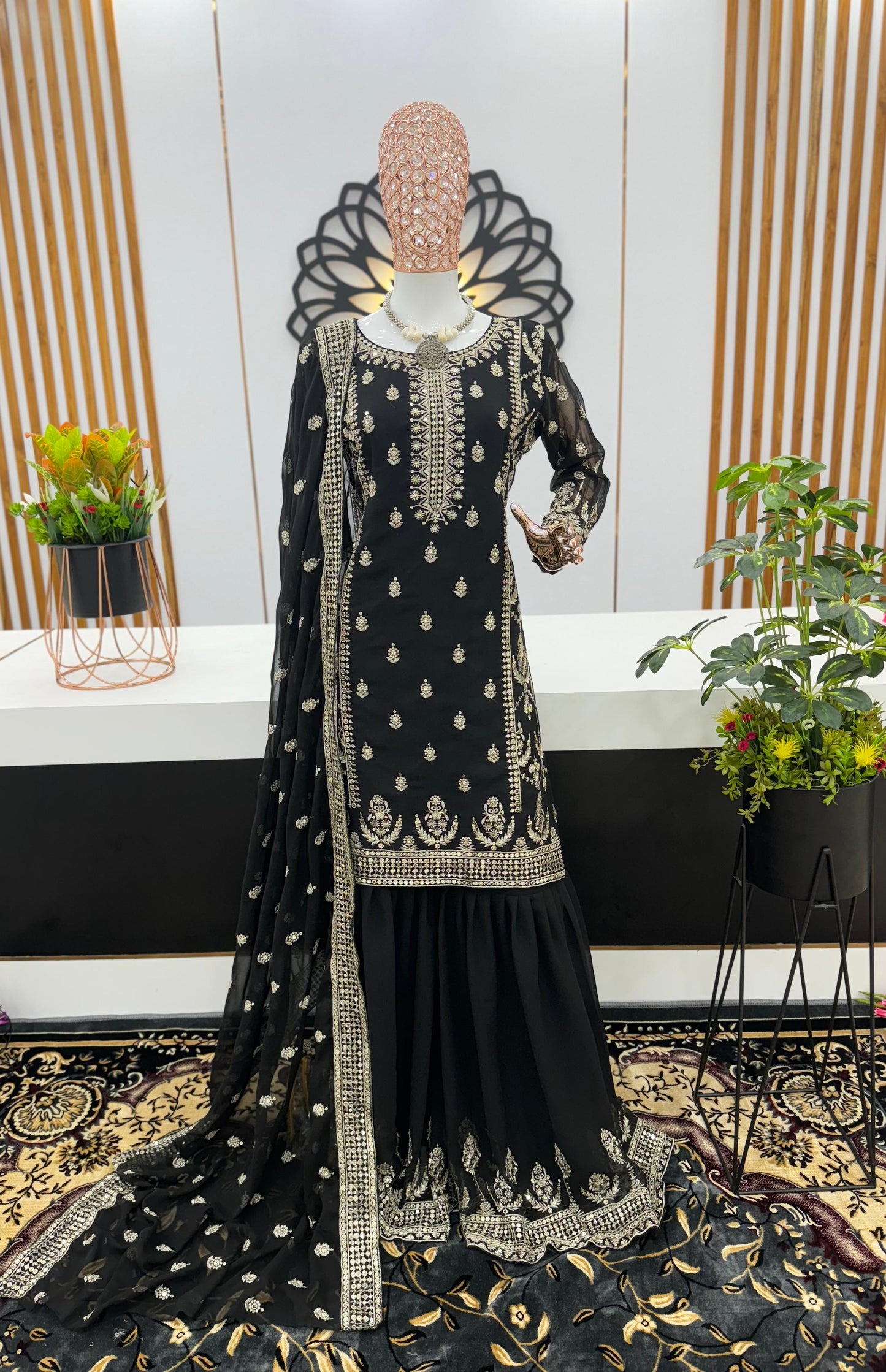 Party Wear Look Black Color Embroidered Sharara Suit