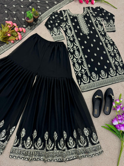 Party Wear Look Black Color Embroidered Sharara Suit