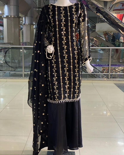 Amazing Black Sequence And Moti Work Occasion Wear Sharara Suit