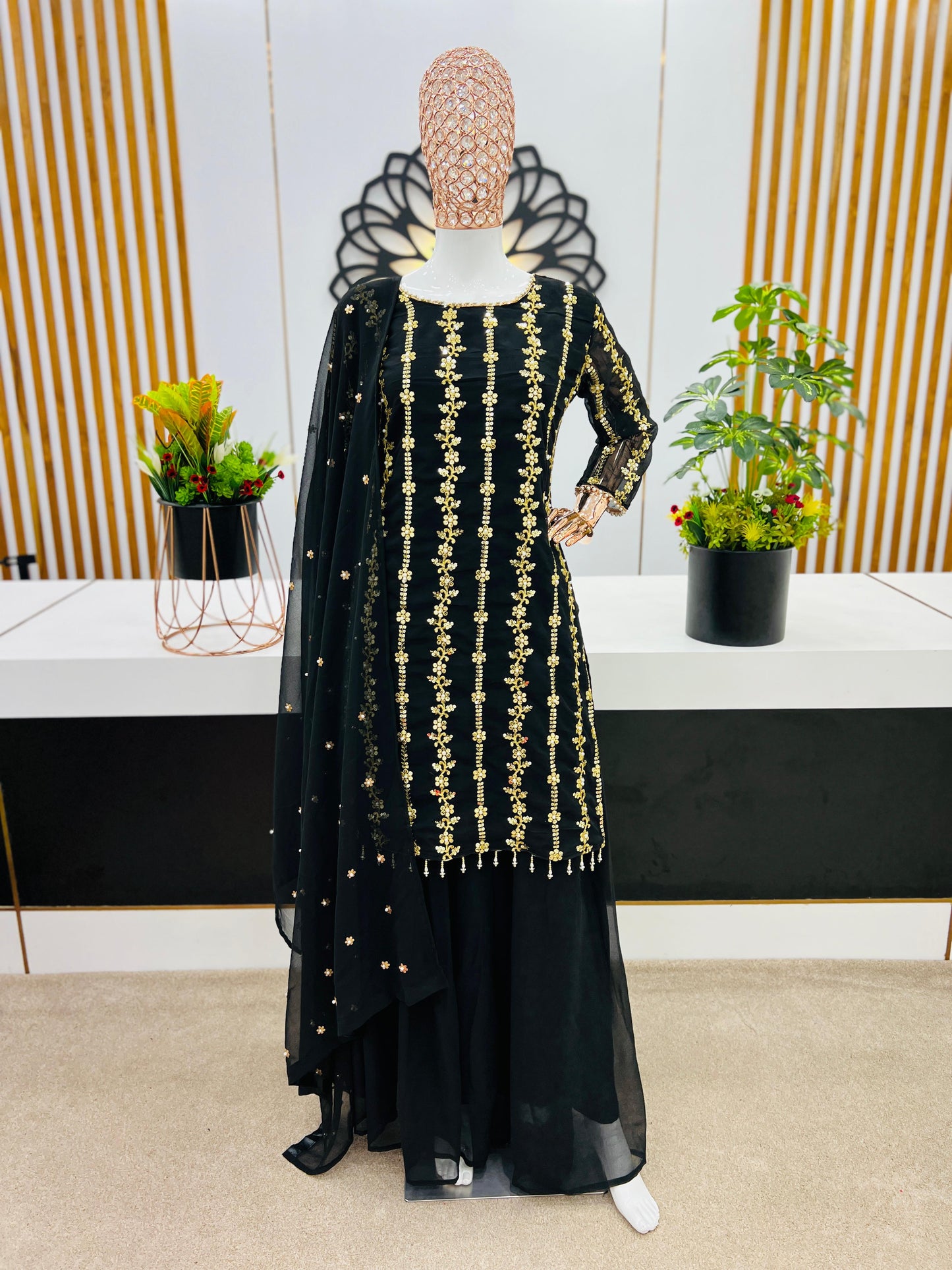 Amazing Black Sequence And Moti Work Occasion Wear Sharara Suit