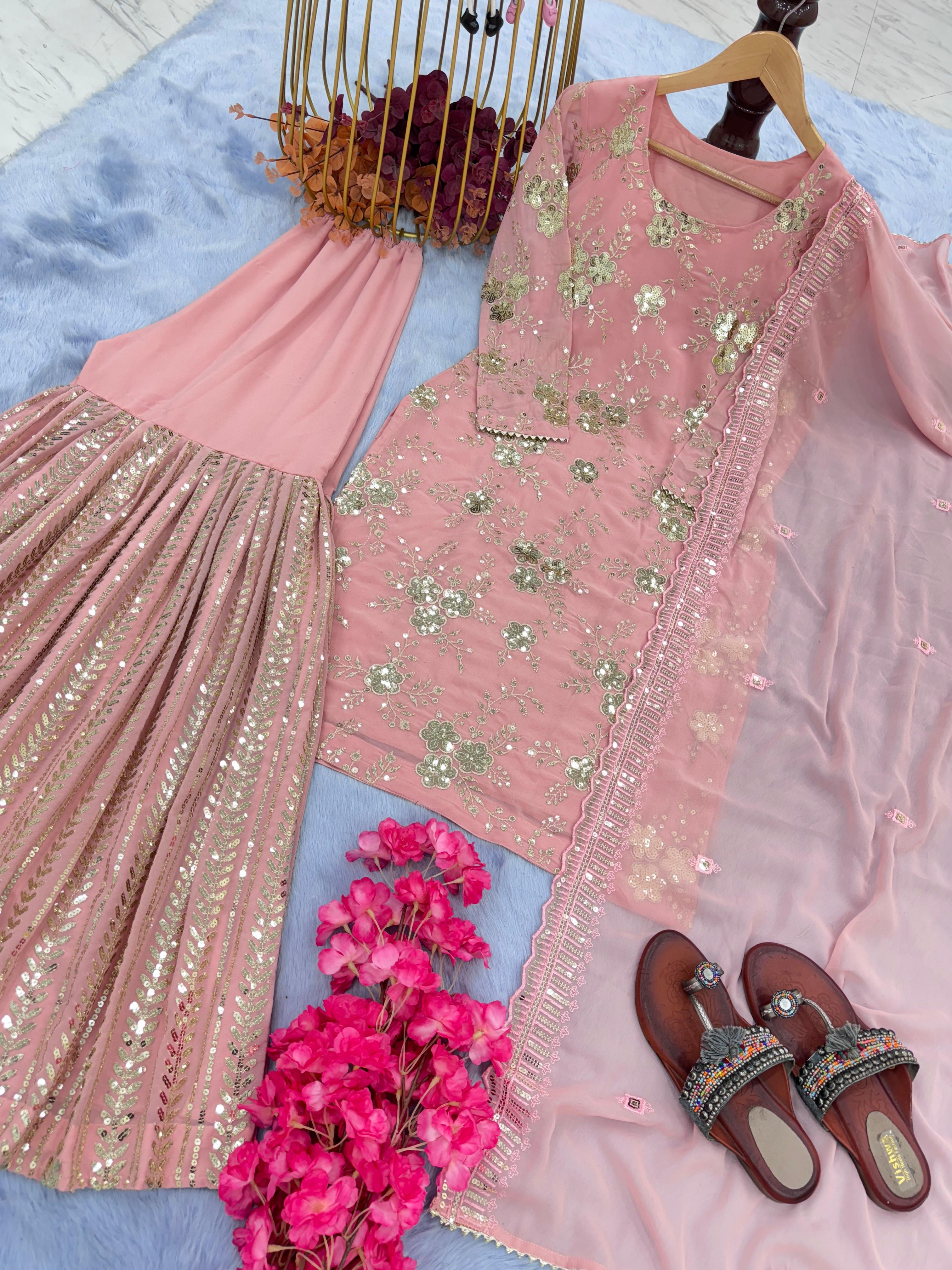 Heavy Sequence Embroidery Work Peach Color Sharara Suit