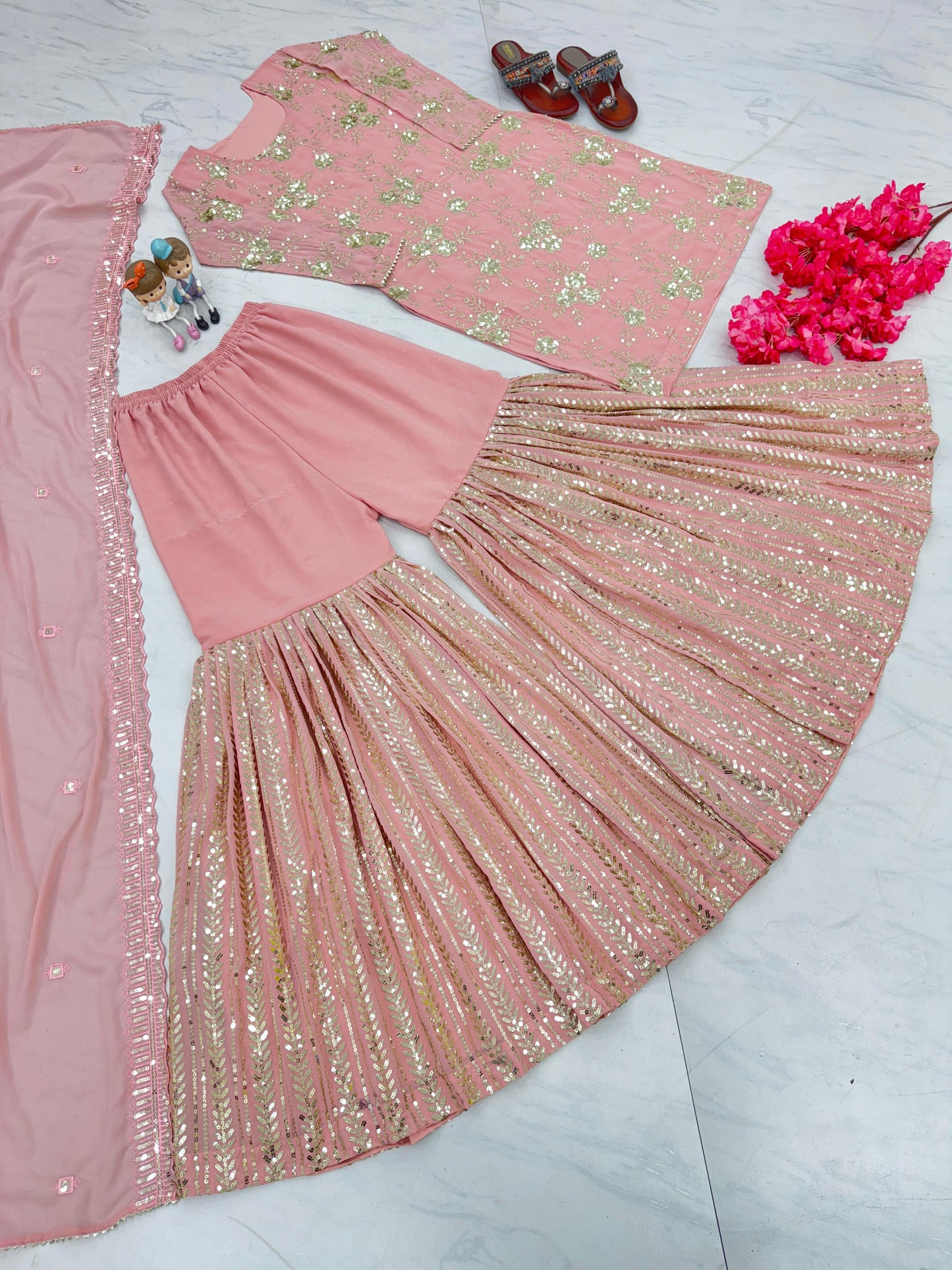 Heavy Sequence Embroidery Work Peach Color Sharara Suit