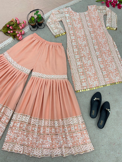 Alluring Peach Color Full Thread Work Sharara Suit