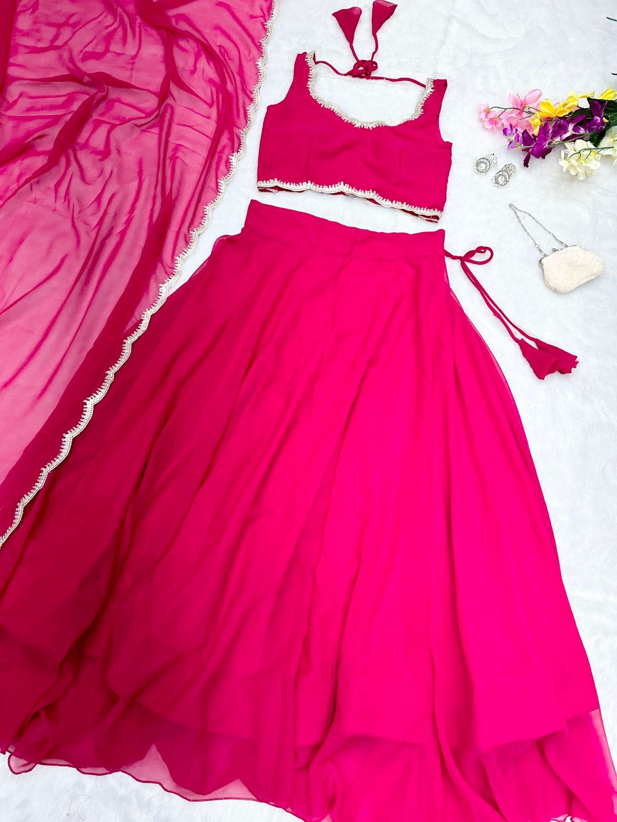 Pink Color Plain Lehenga With Lace Work Blouse