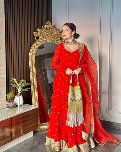 Attractive Border Sequence Work Red Color Gown