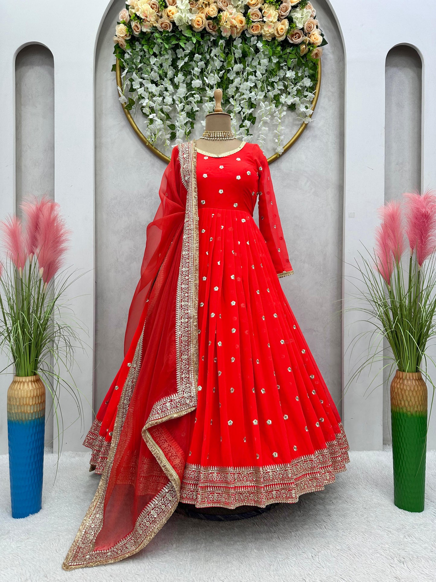 Attractive Border Sequence Work Red Color Gown