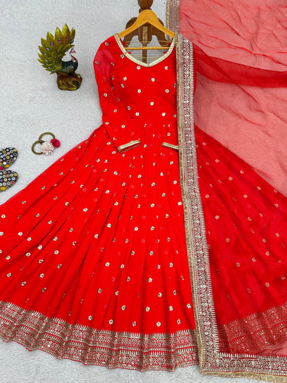 Attractive Border Sequence Work Red Color Gown